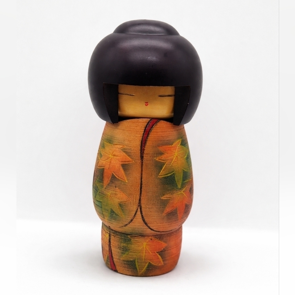 Wooden Doll with Autumn Leaves Seigaku Ando Kokeshi Doll | Approx. 8" VTG Rare